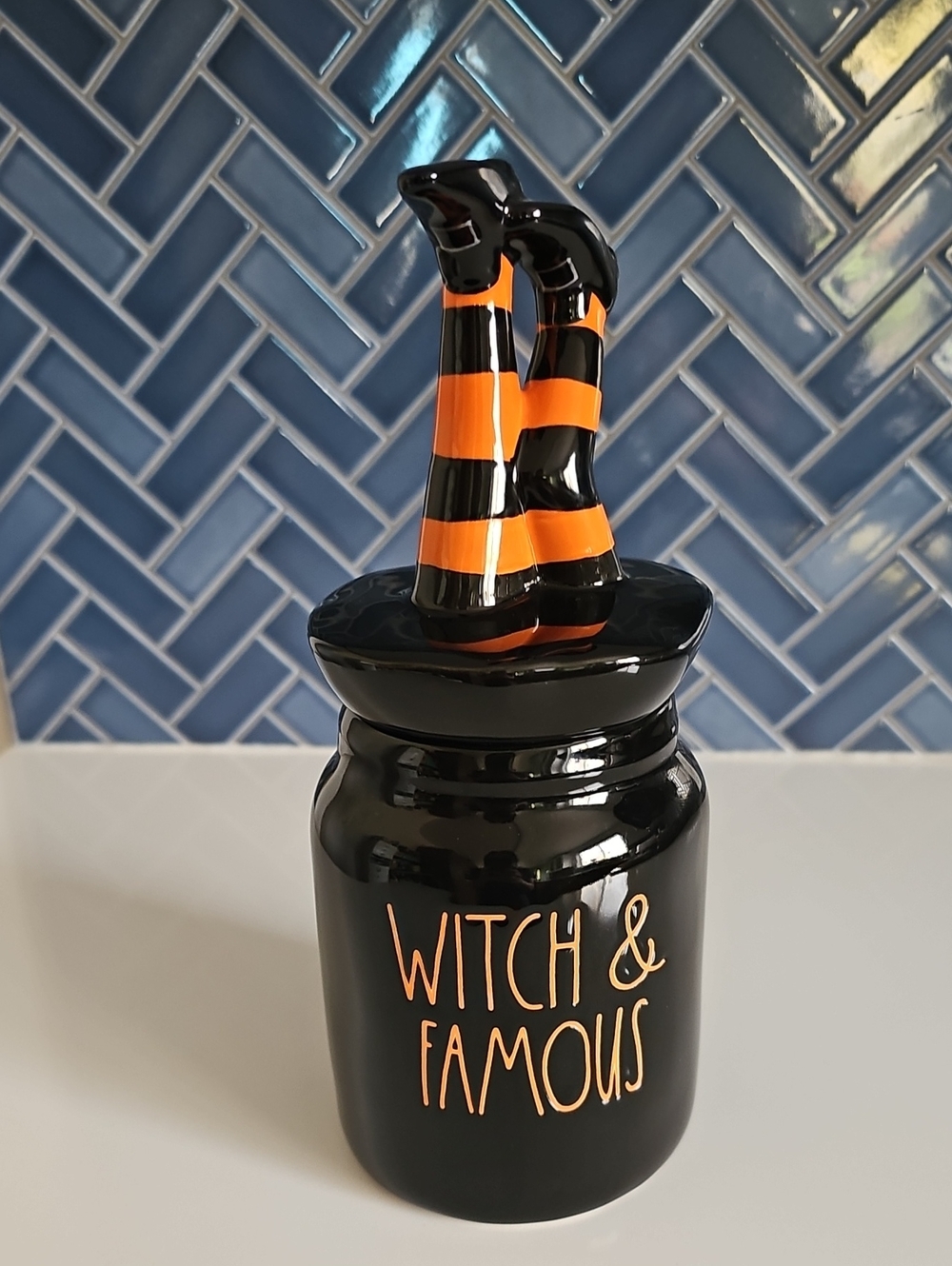 Rae Dunn Witch & Famous Black Halloween Canister with Orange Stripe Leg Topper
